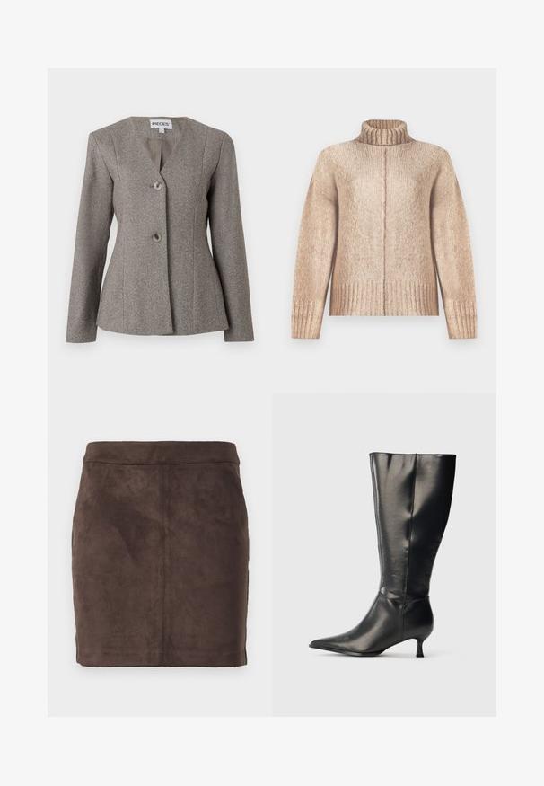 Blazer en chevron gris avec un col en V, des manches longues et deux boutons. Coupe ajustée avec une doublure intérieure lisse et un design structuré.; Pull en tricot beige avec un col haut à côtes, des manches larges et un ourlet à côtes. Texture douce avec un léger motif chiné.; Jupe mini en daim marron avec une texture lisse, un design effilé et une taille plate, comprenant des coutures verticales pour la structure.; Botte en cuir noire montant jusqu'au genou, avec un bout pointu et un petit talon bas, présentée sur un fond clair uni.