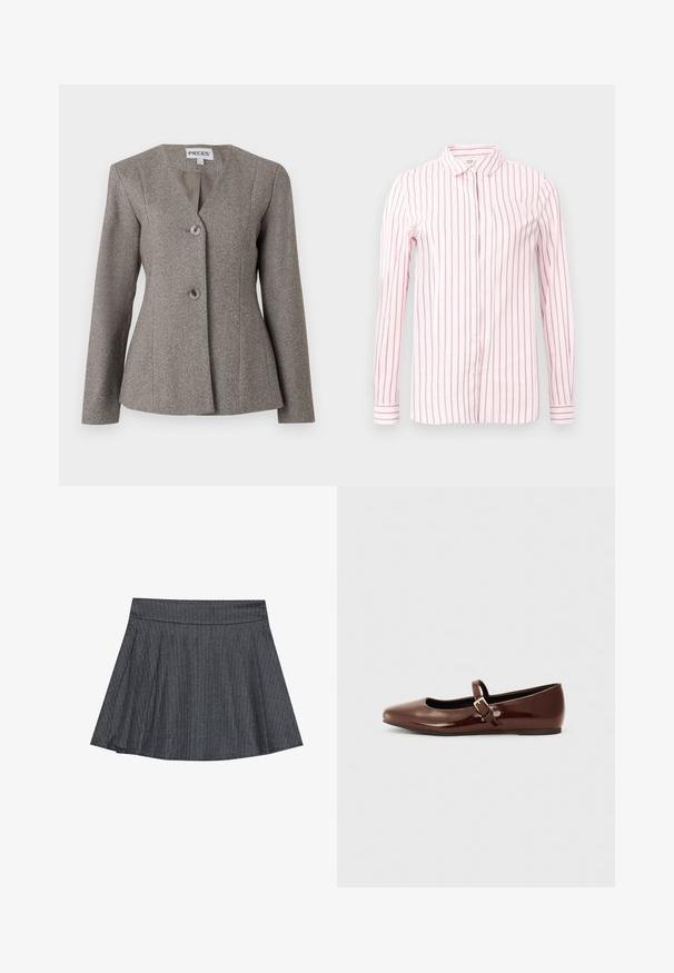 Grå hængebukse-blazer med V-hals, lange ærmer og to knapper. Skræddersyet pasform med glat for og struktureret design.; Lys pink skjorte med lodrette maroon striber, lange ærmer, knap-åbning foran og klassisk krave. Glat stof og tætsiddende design.; Grå stribede skater nederdel med en tætsiddende talje, udformet i A-linje og en blød stofstruktur. Lodrette linjer øger den visuelle interesse.; Brun patentlæder balletflade med firkantet tå og strop med en lille guldbuckle. Glat tekstur, lav hæl og minimalistisk design.