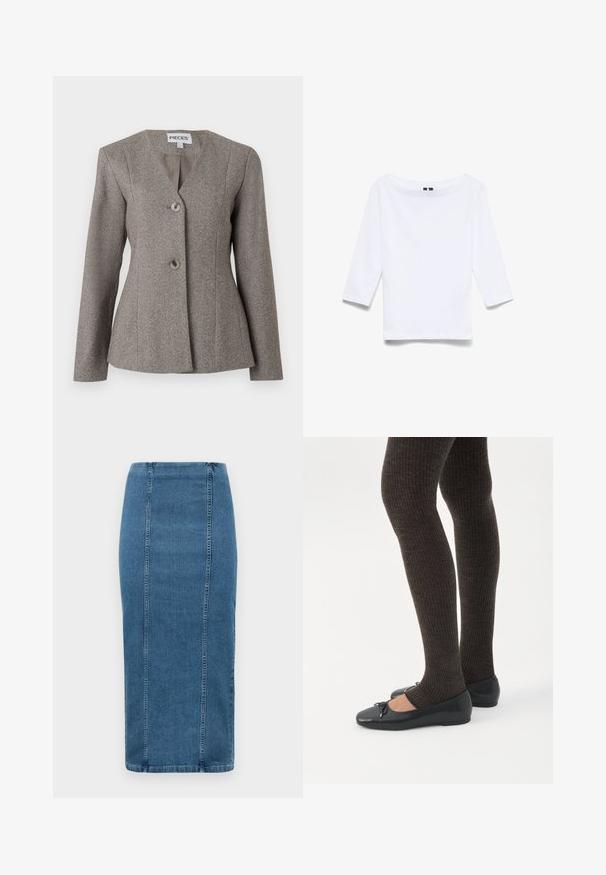Blazer gris en espiga con cuello en V, mangas largas y dos botones. Ajuste entallado con un forro interior suave y un diseño estructurado.; Camisa blanca de manga tres cuartos hecha de una mezcla de algodón; presenta un amplio escote barco y una textura suave y ligera.; Falda lápiz de mezclilla azul con costuras verticales y cintura alta, que llega por debajo de la rodilla, exhibida sobre un fondo blanco.; Piernas con leggings oscuros acanalados combinados con bailarinas negras que presentan pequeños detalles de lazo sobre un fondo blanco.