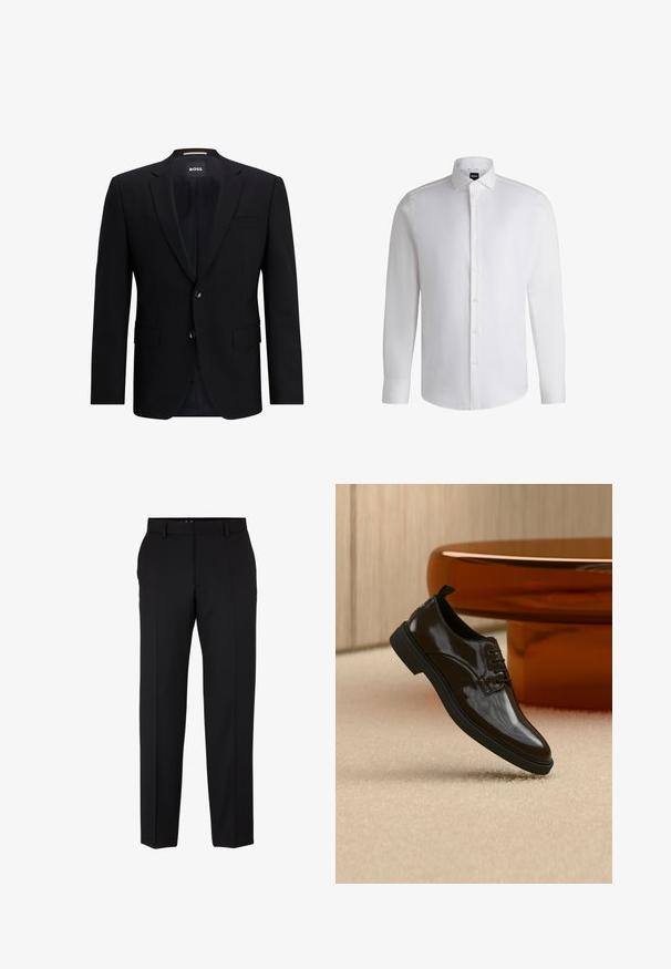 Blazer noir à un seul bouton, fabriqué en tissu lisse. Doté de deux boutons, de revers en pointe et de deux poches avant. Intérieur doublé.; Chemise blanche à manches longues en coton lisse, dotée d'un col classique, d'une patte de boutonnage complète et de poignets à bouton. Design minimaliste.; Pantalons noirs en tissu, offrant une coupe ajustée, des jambes droites, des passants de ceinture, sans motifs ni embellissements visibles. Design classique.; Chaussure habillée noire brillante en cuir à lacets flottant au-dessus d'un tapis beige avec une table ronde marron brillante en arrière-plan.