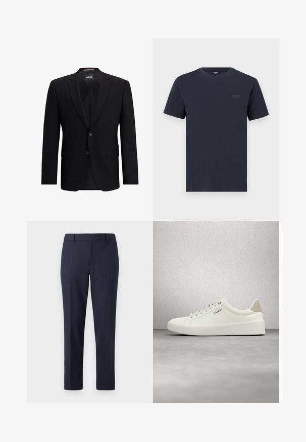 Sort ensidet blazer lavet af glat stof. Har to knapper, klapkrave og to frontlommer. Foret indvendigt.; Marineblå bomuld t-shirt med rund hals, korte ærmer og et lille mærkelogo i grå på venstre bryst. Glat tekstur.; Marinebukser lavet af glat stof, med lige snit, bæltestropper og en enkelt knaplukning i taljen.; Hvid lav sneaker med snørebånd og beige hælflap med mærket "HUGO," svævende over en poleret betonflade nær en glasblokvæg.