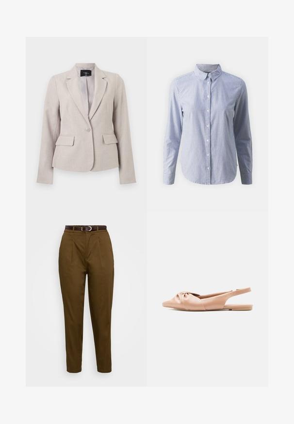 Blazer beige hecho a medida con solapa con muesca, cierre de un solo botón, bolsillos con solapa y mangas largas, presentado sobre un fondo blanco.; Camisa de botones en rayas verticales azul y blanca; de manga larga, con cuello y una textura de algodón suave, con un dobladillo recto.; Pantalones marrones ajustados con una tela suave, que presentan pliegues frontales y un cinturón de cuero marrón con una hebilla plateada. Diseño elegante y ajustado.; Sandalia plana beige con tiras traseras y detalle de nudo torcido en la parte delantera, con acabado de cuero liso.