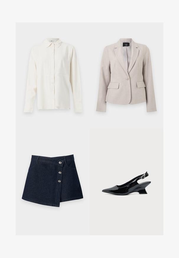 Blazer beige sur mesure avec col cranté, fermeture à un bouton, poches à rabat et manches longues, présenté sur un fond blanc.; Blouse crème à manches longues avec fermeture à boutons sur le devant et col pointu, tissu lisse et un détail de couture discret sous la poitrine.; Mini-jupe en jean bleu foncé avec devant asymétrique, boutons argentés, passants de ceinture et poches avant sur fond uni.; Chaussure slingback en cuir verni noir avec bout pointu et petit talon bloc incliné sur fond clair uni.
