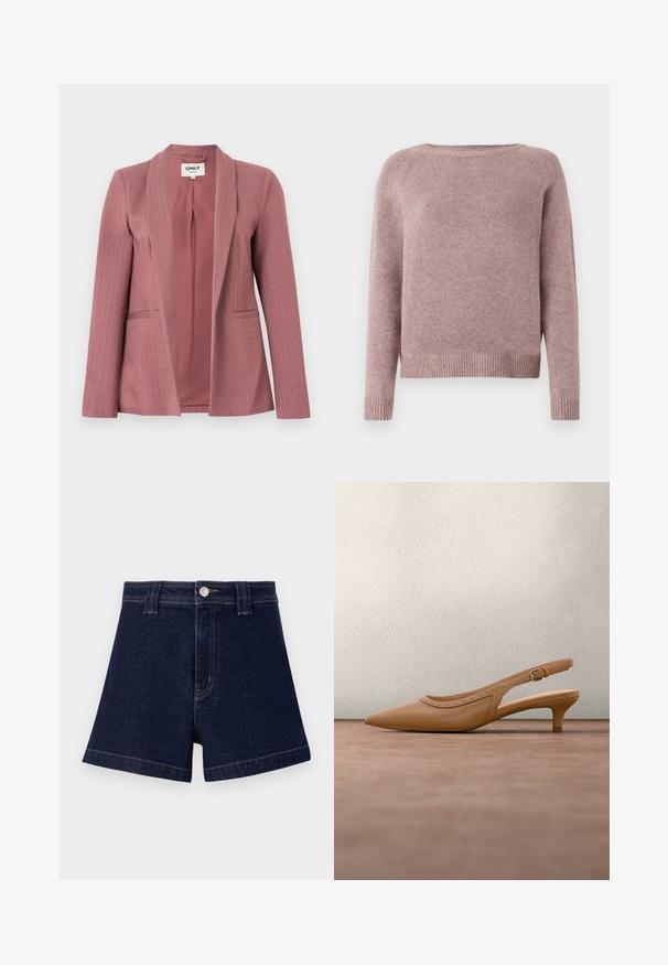 Roze blazer met een gladde stof, visgraatstructuur, gespleten revers, twee voorzakken en een sluiting met één knoop.; Lichtroze trui van zachte stof, met een ronde halslijn, lange mouwen en geribbelde hemdetails. Eenvoudig ontwerp zonder versieringen.; Donkerblauwe denim short met een klassieke snit, vijf-pocket ontwerp en contrasterende gele stiksels met een metalen knoopsluiting.; Naakte slingback met puntige neus en lage hak, voorzien van gespikkelde details aan de zijkant en een glad leren textuur.