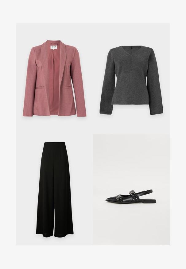 Blazer rosa con tela suave, textura de espiga, solapas con muesca, dos bolsillos frontales y cierre de un solo botón.; Top gris de punto de manga larga con escote en V, que presenta una silueta ajustada y costuras en el centro. Textura suave sin adornos.; Vero Moda Tall VMLIVA SUPER WIDE PANTS - Pantalones - black; Even&Odd Bailarinas con tira trasera - black