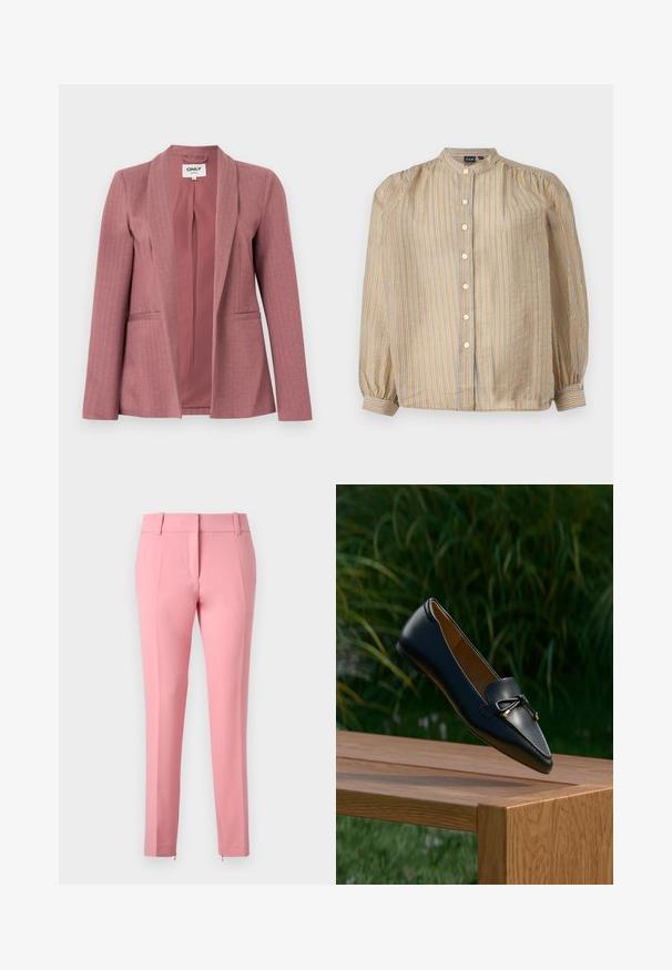 Blazer rosa con tela suave, textura de espiga, solapas con muesca, dos bolsillos frontales y cierre de un solo botón.; Camisa de botones con un alto cuello, a rayas verticales amarillas y azules, mangas largas con puños fruncidos y seis botones en el frente.; Pantalones rosa a medida con una textura suave, piernas rectas y un detalle de cremallera en el dobladillo. Presentan presillas para cinturón y un diseño frontales plano.; Mocasín de cuero negro con un detalle de lazo flotando sobre un banco de madera, con hierba verde y plantas en el fondo.