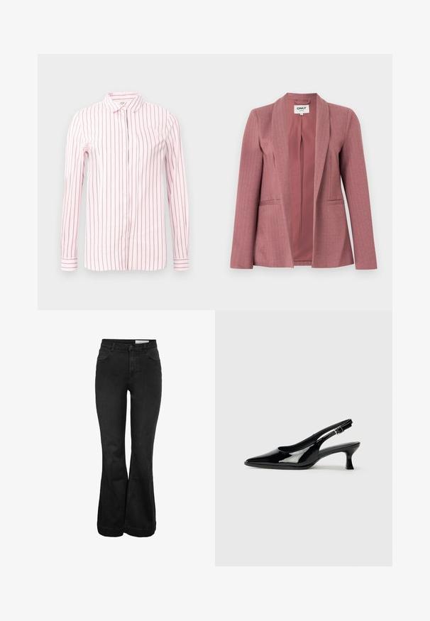 Rosa Blazer aus glattem Stoff mit Fischgrätstruktur, aufgeschlagenem Revers, zwei Vorder- taschen und einer Ein-Knopf-Verschluss.; Helles pinkes Hemd mit vertikalen kastanienbraunen Streifen, langen Ärmeln, Knopfverschluss vorne und klassischem Kragen. Glattes Material und taillierte Passform.; Schwarze Jeans mit hohem Bund und Schlag, mit Knopf- und Reißverschluss, vorderen Taschen, Münztasche und Gürtelschlaufen.; Schwarze Lackleder Slingback-Schuhe mit spitzem Zehenbereich und niedrigem Blockabsatz. Verstellbarer Riemen mit Schnalle am Knöchel.