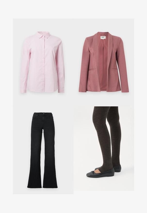 Roze blazer met een gladde stof, visgraatstructuur, gespleten revers, twee voorzakken en een sluiting met één knoop.; Roze gestreepte overhemden met knoopsluiting, een kraag en lange mouwen. Gemaakt van lichtgewicht stof met een gladde textuur.; Zwarte hoge taille flared jeans met voorkruiszakken, riemlussen en knoopsluiting tegen een witte achtergrond.; Benen met donkere geribbelde leggings gecombineerd met zwarte ballerina's met kleine strikdetails op een witte achtergrond.
