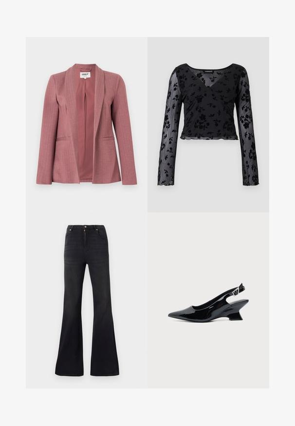 Lyserød blazer med glat stof, sildebensstruktur, hakkede revers, to forlommer og lukning med én knap.; Sort langærmet top lavet af gennemsigtigt stof med blomsterprint, v-halsudskæring og bølget kant. Krydsdesigndetalje foran.; Sorte højtaljede denimjeans med flared ben, frontknap og lynlåslukning samt fem-lommen stil.; Sort laklæder slingback sko med spids tå og lav vinklet blokhæl på ensartet lys baggrund.