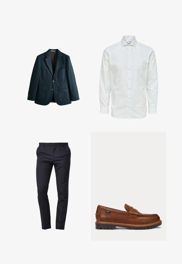 Donkerblauw blazer met één rij knopen, met inkepingkraag, twee voorzakken met klep, één borstzak en twee knopen vooraan en aan de manchetten.; Wit overhemd met lange mouwen, knoopsluiting aan de voorkant en puntige kraag, afgebeeld tegen een witte achtergrond.; Marineblauwe broek gemaakt van een soepele stof, met een vlakke voorkant, twee zijzakken en een getailleerde pasvorm met rechte benen.; Bruine leren loafer met gestikte details, robuuste zwarte zool en klein "Polo"-label aan de zijkant.