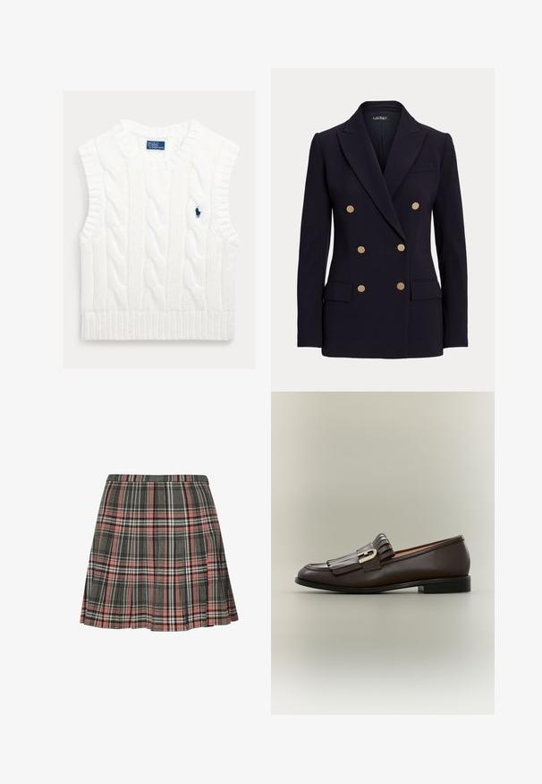 Sort dobbeltradet blazer med seks gyldne knapper, hakkede revers, to forlommer med klap og en skræddersyet pasform.; Hvid ærmeløs kabelstrikket sweater med ribbet kant. Har en lille, broderet blå logo på brystet. Tekstureret, blødt stof.; Rutnederdel i grå og pink med plisseret design og sorte og hvide accenter. Fremstillet af vævet stof, midt på låret længde.; Mørkebrune læderloafer med frynsedetalje og guldbeslag på en neutral baggrund, sidevisning.