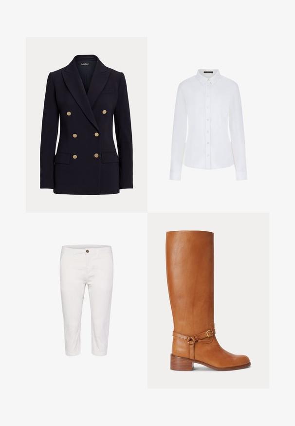 Blazer noir croisé avec six boutons dorés, revers crantés, deux poches à rabat devant et une coupe ajustée.; Chemise blanche à manches longues avec un col, fermeture à boutons sur le devant et poignets. Fabriquée en tissu lisse, avec un design ajusté et sans motifs visibles.; Pantalons blancs court en coton avec fermeture à bouton, dotés de poches avant et d'une texture lisse. Design simple et coupe droite.; Botte haute en cuir marron avec un talon bas empilé et une bride décorative avec une boucle dorée autour de la cheville.