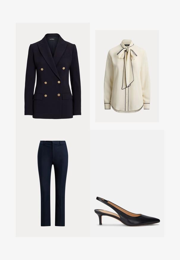 Blazer negro cruzado con seis botones dorados, solapas con muesca, dos bolsillos delanteros con solapa y un corte entallado.; Blusa color crema con cuello de lazo, ribete azul marino, mangas largas, cierre de botones y textura suave de la tela. Corte entallado y dobladillo curvo.; Pantalones rectos a medida de color azul marino oscuro con trabillas para cinturón y cierre delantero con cremallera sobre fondo blanco.; Zapato de tacón slingback de cuero negro con punta afilada, tacón kitten bajo y textura suave. Presenta un diseño de espalda abierta y detalles de costura mínimos.