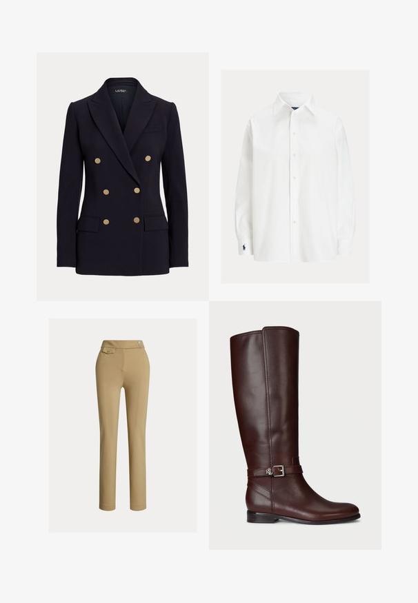 Schwarzer Doppelreiher-Blazer mit sechs goldenen Knöpfen, Kerbkragen, zwei vorderen Pattentaschen und taillierter Passform.; Weißes langärmliges Hemd mit Knopfleiste, spitzem Kragen und marineblauem gesticktem Logo an der linken Manschette.; Beige Maßhose mit glatter Textur, hoher Taille, zwei dekorativen Knöpfen und einer einzelnen Gesäßtasche. Gerade Beinform.; Schwarze Lederstiefel bis zum Knie mit glatter Oberfläche, silberfarbener Schnallenakzent und niedrigem, gestapeltem Absatz. Besitzt dezente Steppnähte.