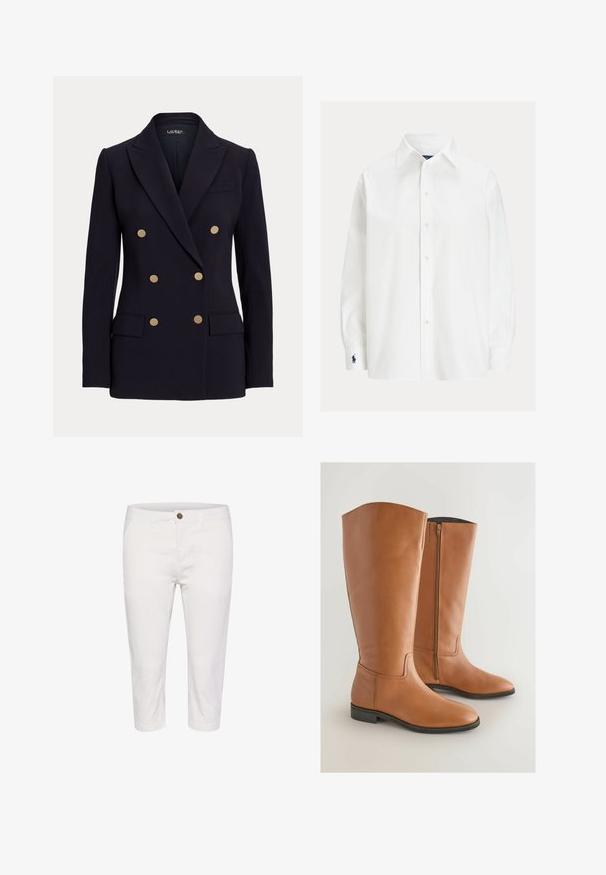 Schwarzer Doppelreiher-Blazer mit sechs goldenen Knöpfen, Kerbkragen, zwei vorderen Pattentaschen und taillierter Passform.; Weißes langärmliges Hemd mit Knopfleiste, spitzem Kragen und marineblauem gesticktem Logo an der linken Manschette.; Weiße, aus Baumwolle gefertigte, cropped Hosen mit Knopfverschluss, die über Fronttaschen und eine glatte Oberfläche verfügen. Einfaches Design und gerader Schnitt.; Hohe, braune Lederreitstiefel mit einem eleganten Design, runder Spitze und einem seitlichen Reißverschluss für ein einfaches An- und Ausziehen. Flache Sohlen und minimale Nähedetails.