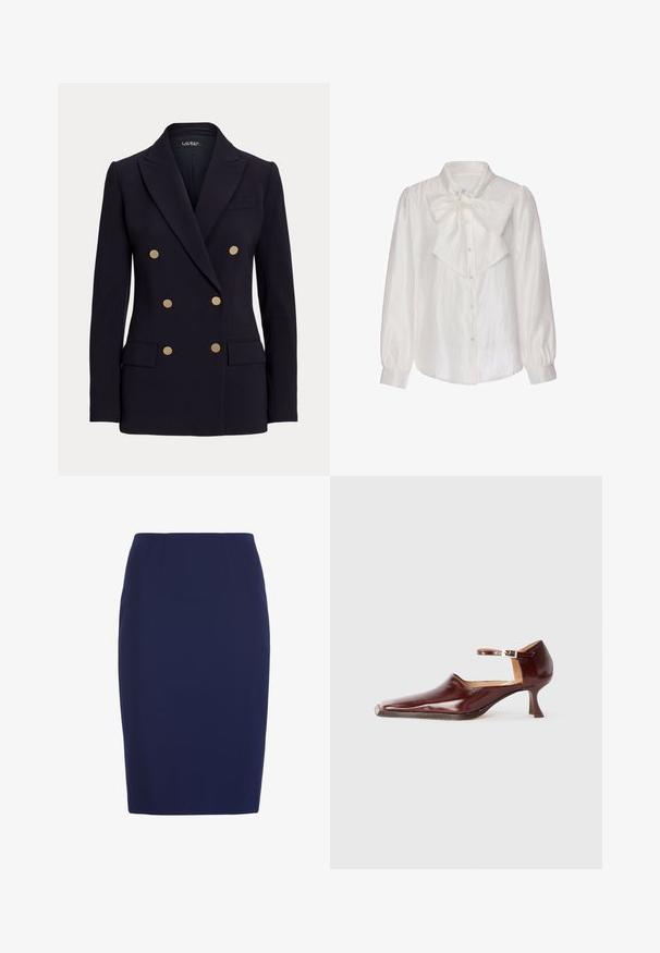 Schwarzer Doppelreiher-Blazer mit sechs goldenen Knöpfen, Kerbkragen, zwei vorderen Pattentaschen und taillierter Passform.; Langärmlige weiße Satinbluse mit Perlmuttknöpfen und großer dekorativer Schleife am Kragen, enganliegende Manschetten.; Marineblauer, knielanger Bleistiftrock mit tailliertem Bund und dezenten vertikalen Nahtdetails.; Burgunderfarbenes Lackleder-Schuhwerk mit einer spitzen Zehe, Knöchelriemen und einem 5 cm hohen, konisch zulaufenden Absatz. Glatte Textur und minimalistisches Design.