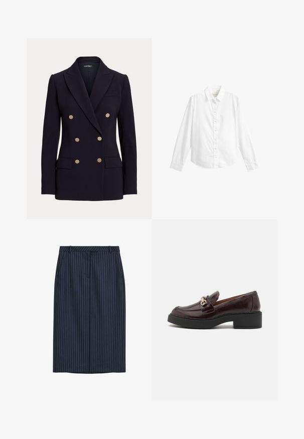 Blazer noir croisé avec six boutons dorés, revers crantés, deux poches à rabat devant et une coupe ajustée.; Chemise blanche manches longues avec col, sept boutons et poignets ajustés, affichée sur un fond blanc uni.; Jupe crayon bleu marine à rayures, coupe droite, poches avant, taille, et texture lisse. Sans fermetures ni attaches visibles.; Mocassin en cuir brun avec une boucle d'accent dorée, un talon noir en bloc et une texture lisse. La vue latérale met en avant un bout arrondi et des détails cousus.