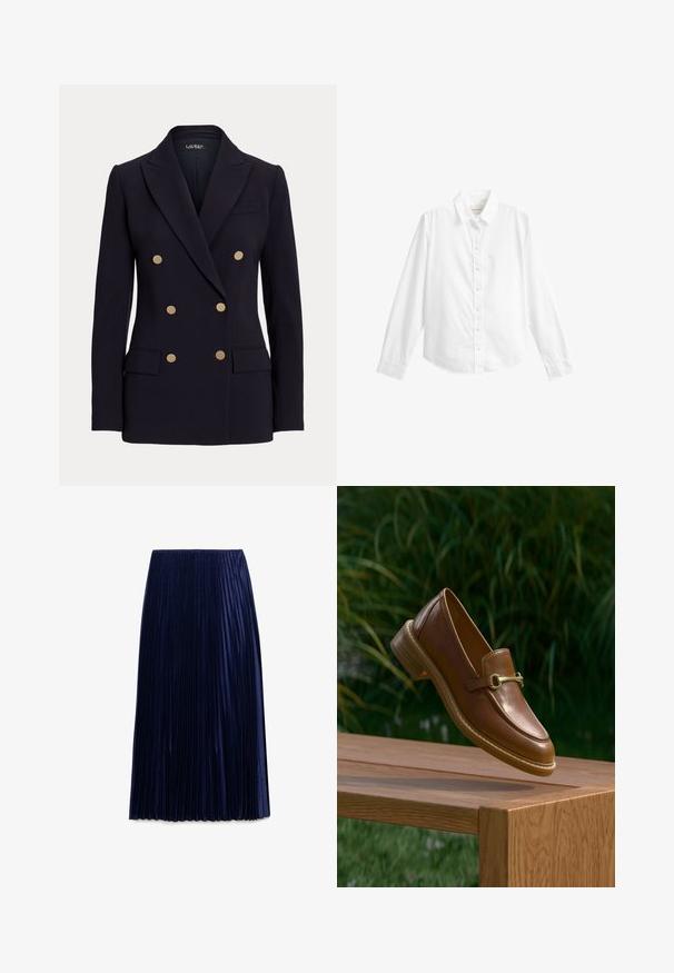 Zwarte dubbelgeknoopte blazer met zes gouden knopen, schouderinkepingen, twee voorzakken met klep en een getailleerde pasvorm.; Wit overhemd met lange mouwen, kraag, zeven knopen en aansluitende manchetten, afgebeeld tegen een effen witte achtergrond.; Navy geplooide midi-jurk gemaakt van lichte stof met een zachte textuur, voorzien van gelijkmatig verdeelde verticale plooien en een elastische tailleband.; Bruine leren loafer met gouden gespdetail zwevend boven een houten bank buiten met groene bladeren op de achtergrond.