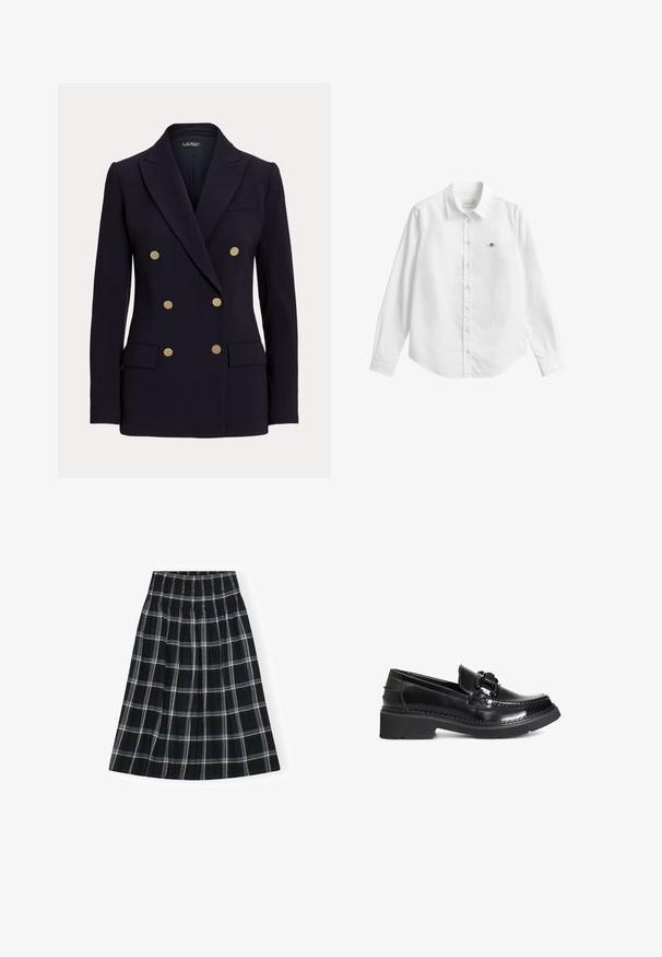 Blazer negro cruzado con seis botones dorados, solapas con muesca, dos bolsillos delanteros con solapa y un corte entallado.; Camisa blanca de manga larga con botones, confeccionada en tela con una ligera textura. Cuenta con un bolsillo frontal con un pequeño logo bordado y un cuello clásico.; Falda de cuadros en blanco y negro con una cinturilla fruncida, de longitud hasta la rodilla, con un diseño acampanado y una textura de tela suave.; Mocasines de charol negro con puntera redonda, un acento trenzado y una suela de goma negra gruesa. Textura suave y diseño elegante.