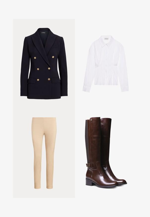 Blazer noir croisé avec six boutons dorés, revers crantés, deux poches à rabat devant et une coupe ajustée.; Blouse blanche à manches longues avec un col classique, fermeture à boutons sur le devant et détail froncé sur le côté. Tissu lisse avec une coupe ajustée.; Pantalon beige slim fit longueur cheville avec une finition lisse, sans poches visibles ni ornements, sur un fond uni.; Bottes haute en cuir marron avec finition lisse, panneau en tissu contrastant, détail de boucle à la cheville et petit talon carré.
