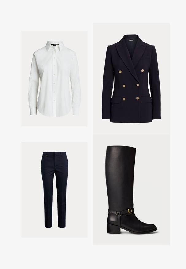 Sort dobbeltradet blazer med seks gyldne knapper, hakkede revers, to forlommer med klap og en skræddersyet pasform.; Hvid skjorte med lange ærmer, knapper foran, spids krave og let buet kant.; Marineblå chinos lavet af bomuldsblanding med et tilspidset fit, flad front, sidelommer og en enkelt baglomme; har et lille guldlogo.; Sort læderknæhøj støvle med lav blokhæl og dekorativ rem med en lille guldspænde ved anklen.