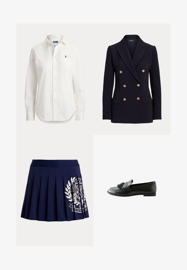 Blazer noir croisé avec six boutons dorés, revers crantés, deux poches à rabat devant et une coupe ajustée.; Chemise blanche à manches longues avec boutons, col et petit logo bleu d’un joueur de polo sur la poitrine gauche.; Jupe plissée bleu marine avec une large ceinture et un logo blanc à thème tennis sur le bas à droite.; Mocassin en cuir noir avec pompons sur le dessus et talon bas, montré de côté sur fond blanc.