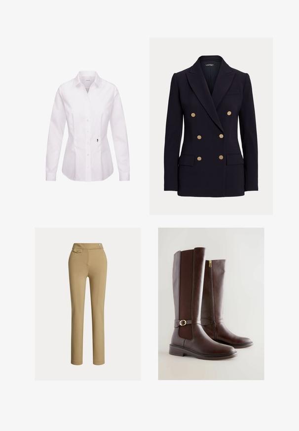 Sort dobbeltradet blazer med seks gyldne knapper, hakkede revers, to forlommer med klap og en skræddersyet pasform.; Hvid langærmet skjorte med knapper, klassisk krave, frontplade, sidesømme og en sort broderet rosedetalje nær kanten.; Beige slim-fit kvindebukser med høj talje, to knapper i siden og en lille lomme med knap nær taljebåndet.; Brune læderknæhøje støvler med et tekstureret panel, sidelukning og detalje i guldfarvet spænde. Rund tå og lav blokhæl-design.