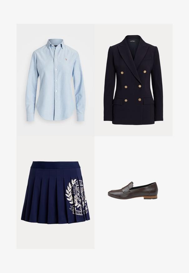 Schwarzer Doppelreiher-Blazer mit sechs goldenen Knöpfen, Kerbkragen, zwei vorderen Pattentaschen und taillierter Passform.; Hellblaues Langarmhemd mit Kragen, Knopfleiste und kleinem, auf der linken Brustseite gesticktem Logo.; Marineblauer plissierter Rock mit breitem Bund und weißem Tennis-Wappen-Logo auf der unteren rechten Seite.; Braune Lederloafers mit glatter Oberfläche, runder Zehenform und kleinem, gestapeltem Absatz. Mit einem schlichten Riemen über dem Rist.