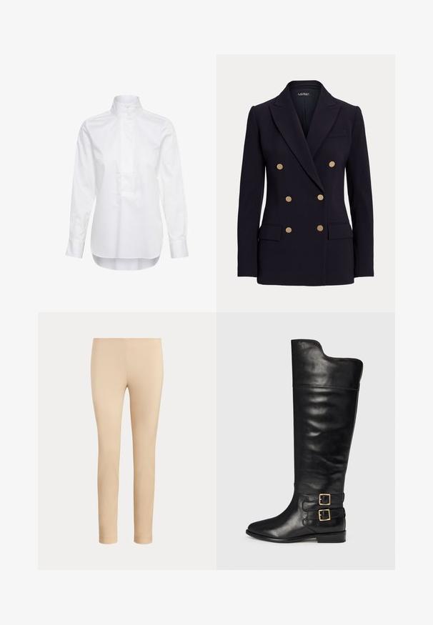 Blazer noir croisé avec six boutons dorés, revers crantés, deux poches à rabat devant et une coupe ajustée.; Chemise blanche à manches longues avec un col montant et deux boutons, dotée d’une patte de boutonnage à l’avant et d’un ourlet légèrement arrondi.; Pantalon beige slim fit longueur cheville avec une finition lisse, sans poches visibles ni ornements, sur un fond uni.; Bottines noires en cuir, montant jusqu'aux genoux, avec une finition lisse, un bout pointu et deux accents de boucles sur le côté extérieur. Design à talon plat.