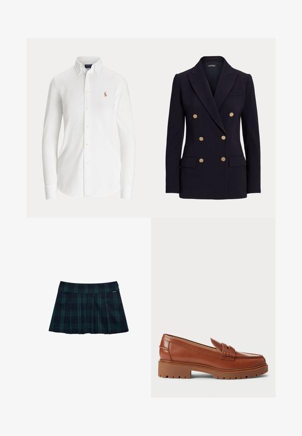 Sort dobbeltradet blazer med seks gyldne knapper, hakkede revers, to forlommer med klap og en skræddersyet pasform.; Hvid skjorte med lange ærmer og knapper, med knaplukket krave og lille broderet polo-spillerlogo på brystet.; Rynket nederdel med tern i mørkegrøn og marineblå med en glat talje og logo-accent. Har et klassisk, lagdelt rynkedesign.; Brune læder loafers med en moccasin-foddesign, synlig syning og en kraftig, tekstureret gummisål. Hardware i guldfarve som accent.