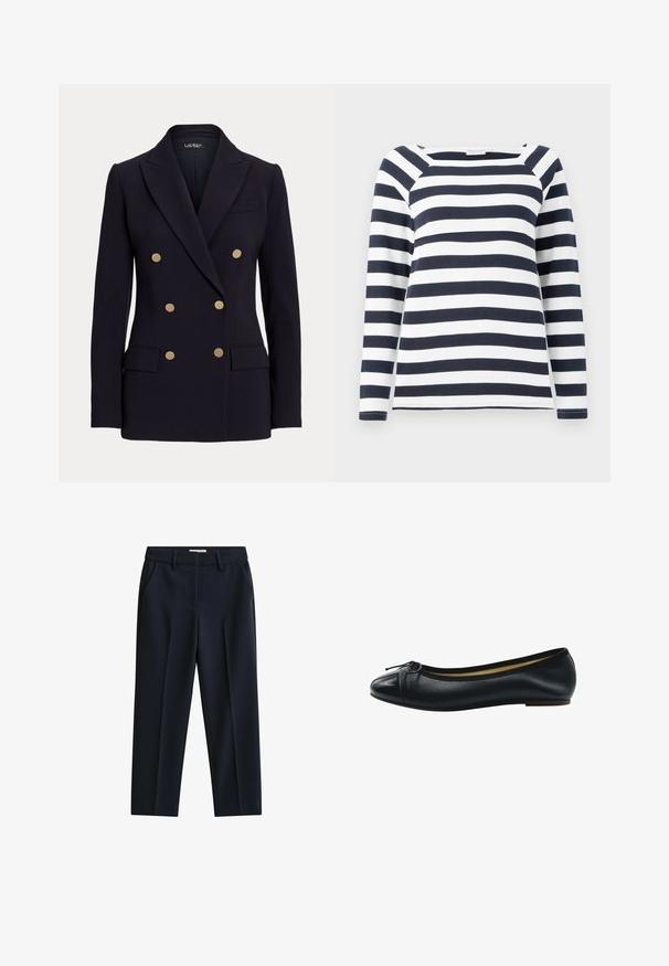 Zwarte dubbelgeknoopte blazer met zes gouden knopen, schouderinkepingen, twee voorzakken met klep en een getailleerde pasvorm.; TOM TAILOR STRIPED CARRE NECK - Longsleeve - lunar eclipse/off white; Marineblauwe op maat gemaakte broek met riemlussen, zijzakken en een voorrits op een witte achtergrond.; Zwarte leren ballette flats met een ronde neus, decoratieve strikdetails en een gladde afwerking. Dunne rubberen zool met een subtiele hak.