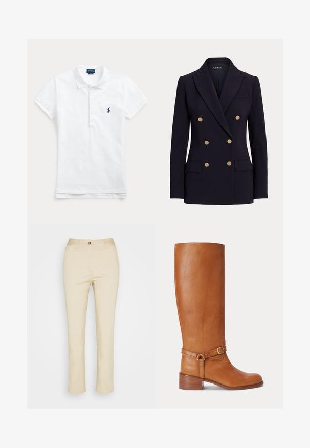 Zwarte dubbelgeknoopte blazer met zes gouden knopen, schouderinkepingen, twee voorzakken met klep en een getailleerde pasvorm.; Wit polo shirt met korte mouwen, kraag, knoopsluiting en blauw geborduurd logo op de linkerborst.; Beige katoenen broeken met een rechte pijp ontwerp, voorzien van een voorste knoopsluiting en zijzakken. Gladde textuur en minimale details.; Hoge bruine leren laars met lage gestapelde hak en decoratieve riem met gouden gesp rond de enkel.
