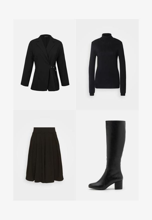 Blazer noir cintré avec manches longues, revers à cran et détail de boucle latérale à la taille.; Pull en col roulé noir fabriqué dans un tissu en maille douce, présentant des manches longues et une silhouette ajustée avec un col et un ourlet côtelés.; Jupe plissée noire avec une large ceinture élastique. Fabriquée dans un tissu doux, elle présente un ourlet à mi-genoux et une texture lisse.; Bottes en cuir noir jusqu'aux genoux avec une texture lisse, un bout arrondi, un panneau latéral et un talon épais.