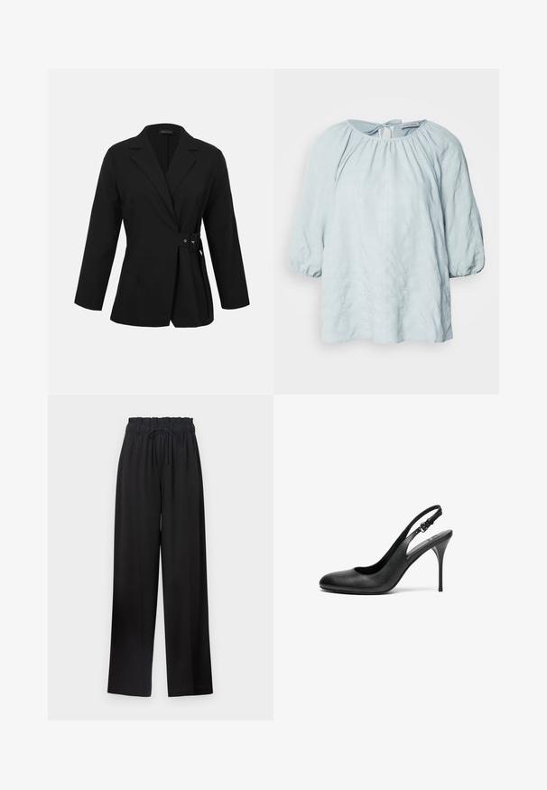 Blazer negro a medida con mangas largas, solapas con muesca y detalle de hebilla lateral que sujeta en la cintura.; Blusa azul clara con un patrón de cuadros texturizado, cuello redondo y mangas fruncidas. Presenta un detalle de lazo en la parte posterior.; Pantalones de pierna ancha negros con una cinturilla elástica y cordón. Fabricados con un tejido suave sin patrones visibles ni elementos de metal.; Zapato de tacón negro de piel con punta afilada, tacón delgado y ajustable. Textura suave y diseño minimalista.