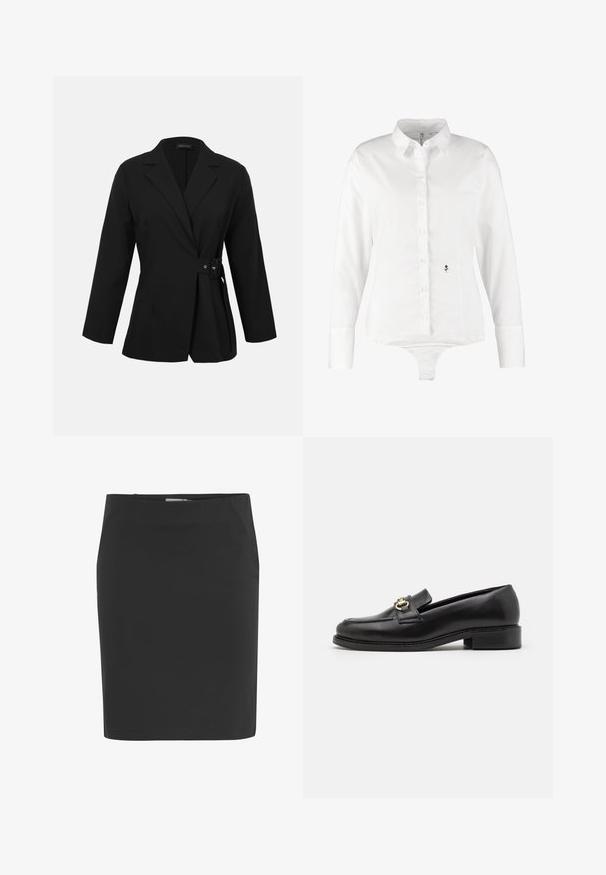 Zwarte getailleerde blazer met lange mouwen, notch-revers en een zijwaartse gespdetailsluiting ter hoogte van de taille.; Witte longsleeve shirt met een knoopsluiting aan de voorkant, gemaakt van gladde stof. Heeft een klein zwart bloemenlogo aan de linkerzijde. Ontwerp met een bodysuit onderkant.; Zwarte kokerrok tot op de knie met rechte pasvorm en zijritssluiting.; Zwarte leren instapper met een lage blokhak, voorzien van een goudkleurige hardware accent en gedetailleerde stiksels langs de neus en bovenkant.