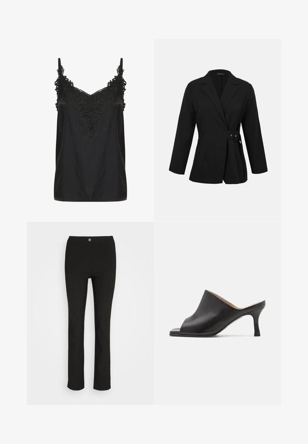 Blazer noir cintré avec manches longues, revers à cran et détail de boucle latérale à la taille.; Camisole noire avec un décolleté en V et des détails en dentelle intricats au niveau du col. Dotée de bretelles spaghetti et d'un tissu léger et fluide.; Pantalon noir avec une coupe droite, fabriqué dans un tissu lisse. Dispose d'un bouton à l'avant, de passants de ceinture et de deux poches latérales.; Selected ASHLEY - Mules à talons - black