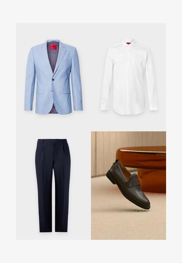 Hellblaues Herrenblazer mit Kerbkragen, zwei vorderen Klappentaschen, ein Knopfverschluss und einem roten HUGO Markenlabel innen am Kragen.; Weißes langärmeliges Hemd mit spitzem Kragen und verdeckter Knopfleiste, präsentiert vor hellem, einfarbigem Hintergrund.; Marineblaue, maßgeschneiderte Hose aus strukturiertem Stoff, mit geradem Schnitt, Vorderfalten und einem klassischen Bund mit Gürtelschlaufen.; Dunkelbrauner Lederloafer mit niedrigem Absatz, der über einem beigen Teppich schwebt, neben einem glänzenden, abgerundeten, bernsteinfarbenen Tisch.