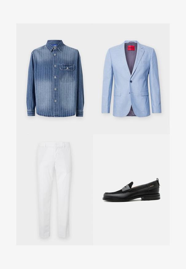 Veste blazer bleu clair pour homme avec revers en encoche, deux poches avant à rabat, fermeture par un bouton, et une étiquette de marque rouge HUGO à l'intérieur du col.; Chemise en denim avec des rayures verticales bleu clair, col classique, fermeture à boutons, poche sur la poitrine gauche et manches longues avec poignets boutonnés.; Pantalon blanc slim-fit avec passants de ceinture et poches latérales, présenté à plat sur un fond clair.; Mocassin en cuir noir avec détail de bride grise, talon bas et semelle texturée, marqué "HUGO" en or sur le côté.