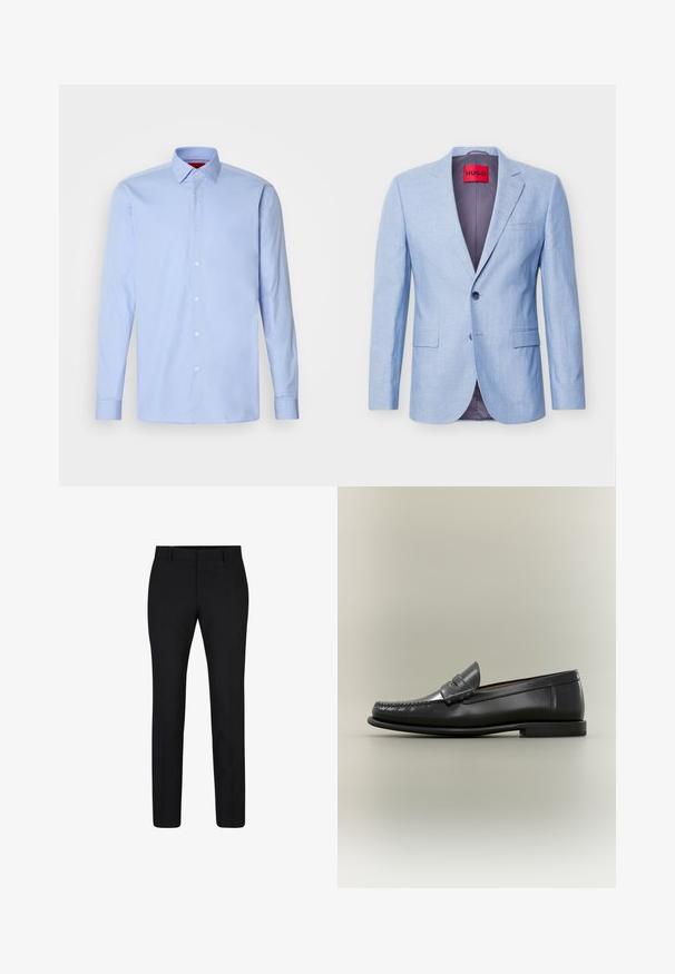 Hellblaues Herrenblazer mit Kerbkragen, zwei vorderen Klappentaschen, ein Knopfverschluss und einem roten HUGO Markenlabel innen am Kragen.; Hellblaues langärmliges Hemd aus Baumwolle mit klassischem Kragen und Knopfleiste mit weißen Knöpfen. Glatte Textur.; Schwarze, taillierte Hose mit flachem Front, geraden Beinen, Gürtelschlaufen und Reißverschluss. Hergestellt aus gewebtem Stoff mit glatter Textur.; Schwarzer Herren-Loafer aus Leder mit Mokassin-Zehennaht, Penny-Riemen und flachem Absatz vor neutralem Hintergrund.