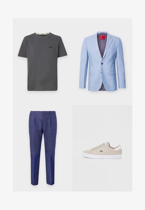 Blazer azul claro de hombre con solapas con muesca, dos bolsillos delanteros con solapa, un botón abrochado y una etiqueta roja de la marca HUGO en el interior del cuello.; Camiseta gris de manga corta hecha de algodón, con cuello redondo y un logotipo destacado en el lado izquierdo del pecho, además de una etiqueta contrastante en el cuello interior.; Pantalones azul marino de tela texturizada, con un diseño de pierna recta, dos pliegues frontales y un discreto detalle metálico en la cintura.; Zapatilla sintética beige con punta redonda, suela de goma blanca y diseño con cordones. Presenta el logo verde de Lacoste en el lateral y un detalle de contraste en el talón.