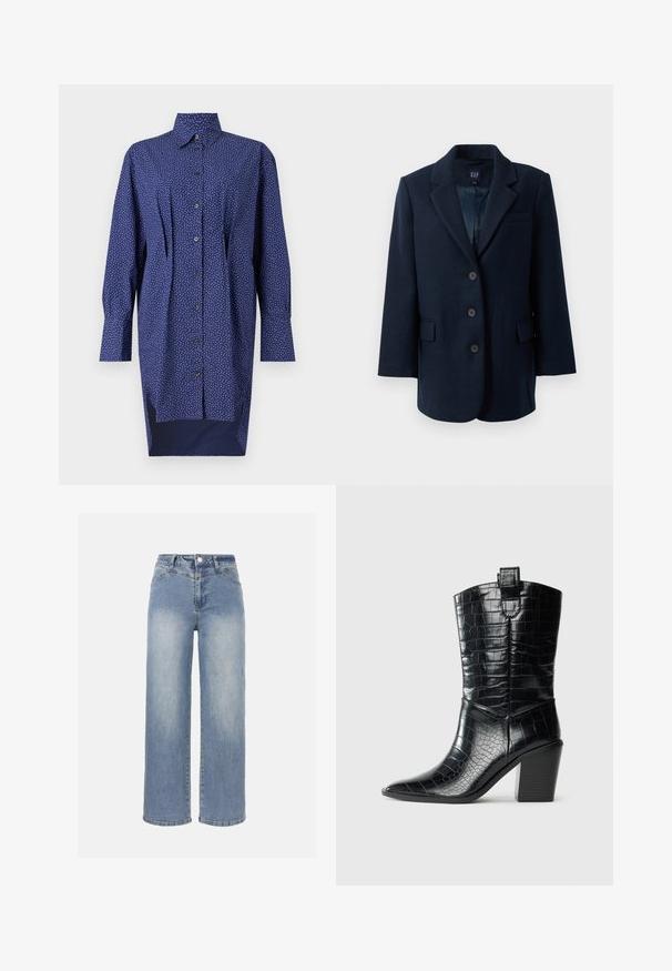 Blazer bleu marine à col cranté, à simple boutonnage avec trois boutons, deux poches à rabat et une poche poitrine, doublé à l'intérieur.; Robe chemise longue bleu marine, boutonnée à l'avant, motif à pois blancs, col, manches longues, fentes sur les côtés à l'ourlet, en coton.; Jean large à taille haute bleu clair avec un effet délavé, bouton frontal, fermeture éclair et design classique à cinq poches.; Botte western noire midi avec bouts pointus, talon carré, et texture en cuir verni gaufré crocodile sur fond blanc.