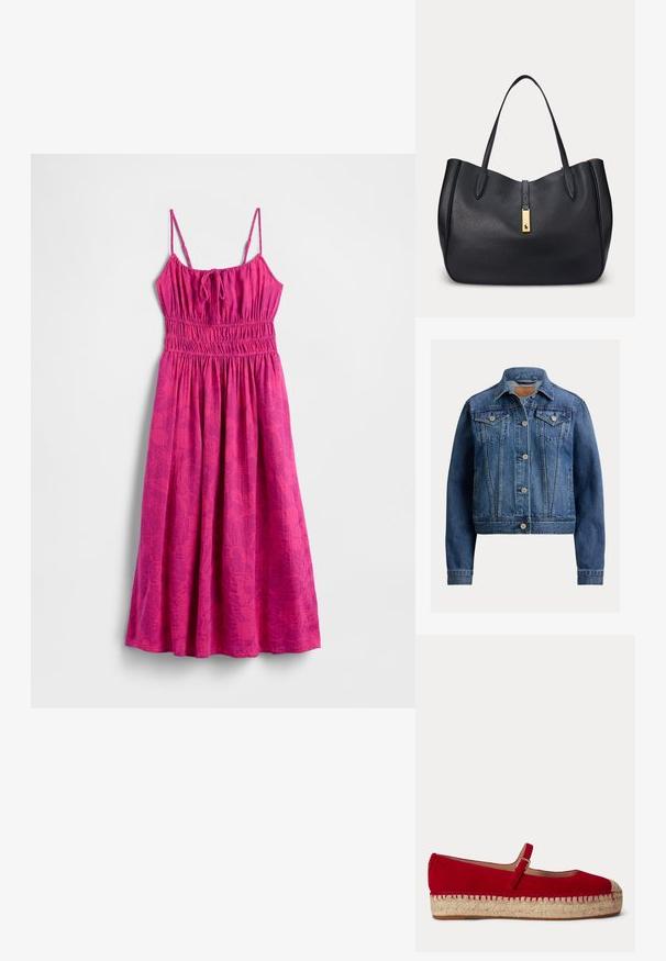 Klassiek blauw spijkerjack met knopen aan de voorkant, twee borstklepzakken, zijzakken en lange mouwen.; Roze strandjurk met spaghettibandjes, een geplooid lijfje en een zwierige rok. Heeft een subtiel bladpatroon voor extra textuur.; Plat platform espadrille schoen in rood suède met een Mary Jane-riem en geweven jute zool, zijaanzicht op een witte achtergrond.; Zwarte leren tote tas met twee handvatten en een gouden rechthoekige sluiting met een klein paardenlogo.