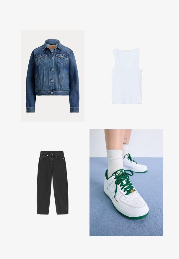 Klassisk blå denimjakke med knapper foran, to brystlommer med klap, sidelommer og lange ærmer.; Hvid ærmeløs tanktop med rund halsudskæring, lagt fladt på en hvid baggrund.; Sorte højtaljede jeans med lige ben, fem lommer, knaplukning og synlige syninger på hvid baggrund.; Hvide læder Nike Air Force 1 sko med grønne detaljer, snøre og sål; med perforeret tå og guld detaljer på snøreområdet.