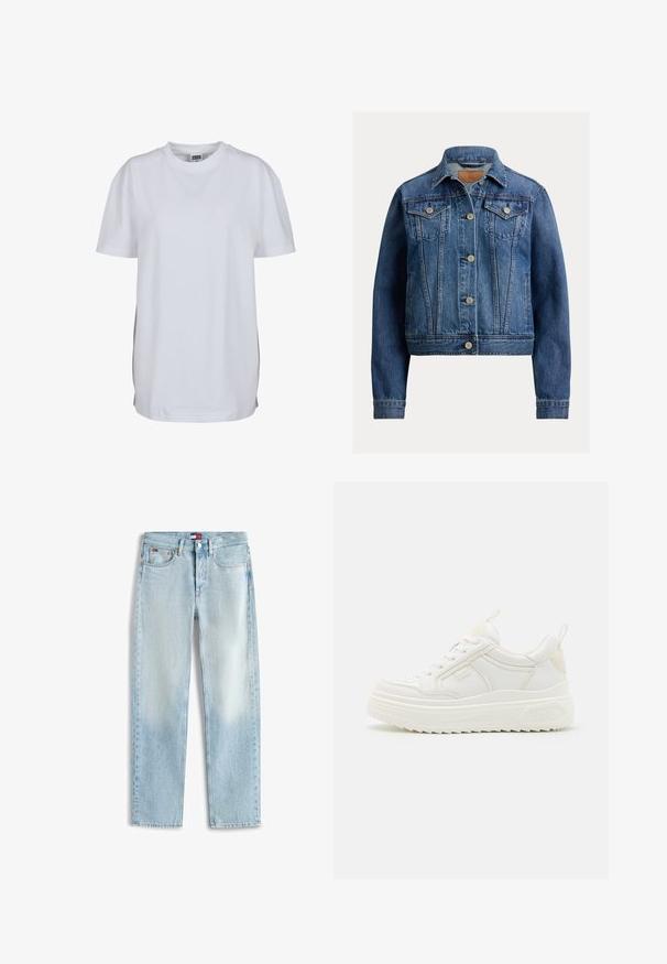 Klassiek blauw spijkerjack met knopen aan de voorkant, twee borstklepzakken, zijzakken en lange mouwen.; Effen wit T-shirt met korte mouwen en ronde hals, met een rechte zoom en een klein zichtbaar merklabel binnenin de kraag.; Lichtblauwe rechte spijkerbroeken met vijf zakken, een ritssluiting en een klein Tommy Hilfiger-logo op de voorste tailleband en het muntzakje.; Witte leren sneakers met een stevige zool, vetersluiting en subtiele branding. Heeft een zachte textuur en een ronde neus.