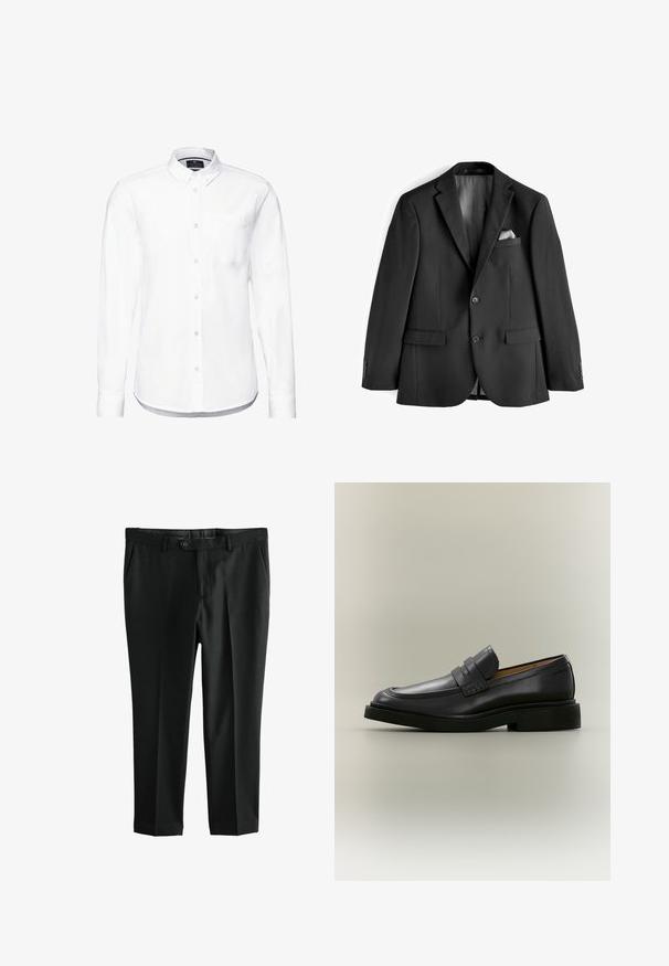 Schwarze Anzugjacke aus glattem Stoff. Sie hat eine gekerbte Rever, zwei Vorderaschen und ein mit Satin gefüttertes Innenfutter mit einem Einstecktuch.; Weißes Langarmhemd aus Baumwolle mit einem Button-Down-Kragen, Fronttasche und abgerundetem Saum mit knopfbaren Manschetten.; Schwarze formelle Hose mit Knopf- und Reißverschluss, Fronttaschen und Gürtelschlaufen vor weißem Hintergrund.; Schwarzer Leder-Herrenloafer mit niedrigem Absatz und Riemendetail über dem Vorderblatt, im Profil auf neutralem Hintergrund gezeigt.