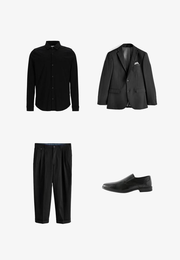 Schwarze Anzugjacke aus glattem Stoff. Sie hat eine gekerbte Rever, zwei Vorderaschen und ein mit Satin gefüttertes Innenfutter mit einem Einstecktuch.; Schwarzes Langarmhemd aus glattem Stoff, mit einer durchgehenden Knopfleiste, Kragen und dezentem besticktem Logo auf der Brust.; Schwarze, maßgeschneiderte Hose mit Bügelfalten, Seitentaschen, Knopfverschluss und umgeschlagenen Säumen, vor weißem Hintergrund präsentiert.; Schwarzer Leder-Schlüpfschuh mit einem eleganten Design, spitz zulaufender Zehenpartie und dezenten Nahtdetails an den Seiten. Gummisohle für guten Halt.