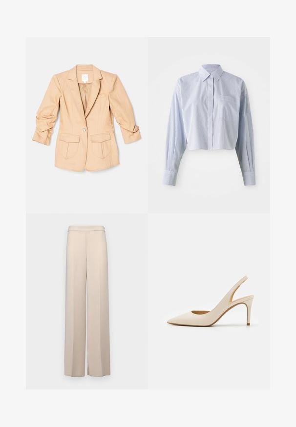 Cinq à Sept LOUISA JACKET - Σακάκι - sahara; Κοντό πουκάμισο σε μπλε και λευκές κάθετες ρίγες, με άσπρο κολάρο, μακριά μανίκια και μπροστινή τσέπη. Λείο βαμβακερό ύφασμα.; Μπεζ παντελόνια σε φαρδιά γραμμή από λεία ύφασμα, με ψηλή μέση και διακριτικές πιέτες μπροστά. Χωρίς τσέπες ή ορατά μεταλλικά στοιχεία.; Μπεζ δερμάτινη γόβα slingback με μυτερή μύτη και λεπτό ψηλό τακούνι. Διαθέτει άνοιγμα στη φτέρνα και λείο φινίρισμα.