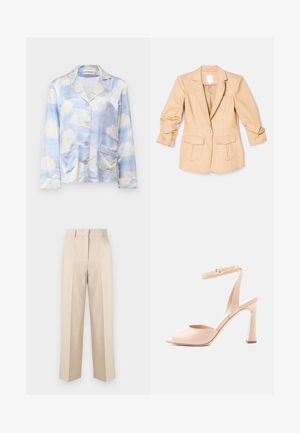Cinq à Sept LOUISA JACKET - Bleiseri - sahara; Vaaleansininen silkistä valmistettu paita, jossa on pilvikuviot, notched-kaulus, viisi nappia ja kaksi etutaskua vaaleanpunaisella reunuksessa.; Beiget, korkeavyötäröiset räätälöidyt housut, joissa on vyölenkit ja suorat lahkeet, esitelty valkoista taustaa vasten.; Beigen värinen patenttinahkainen avokärkinen korkokenkäsandaali, jossa ohut nilkkaremmi, kultainen solki ja kaareva paksu korko valkoisella taustalla.
