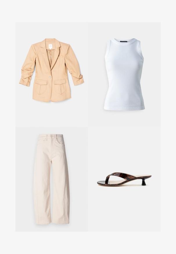 Cinq à Sept LOUISA JACKET - Blazer - sahara; T-shirt sans manches blanc en tissu côtelé, avec un col rond et une silhouette ajustée. Texture lisse, sans motifs ni accents visibles.; Mother THE HALF PIPE ANKLE - Wide Leg - off-white; Sandale à talon kitten écaille de tortue marron avec bride entre les orteils et bout carré sur un fond clair uni.