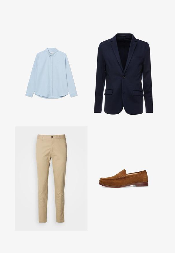 Navyblauer Blazer aus strukturiertem Stoff, mit einem einzelnen Knopfverschluss, Reverskragen und zwei vorderen Taschen.; Himmelblaues langärmliges Button-up-Hemd mit spitzem Kragen, einem einzelnen Brustlogo und abgerundetem Saum. Hergestellt aus glattem Gewebe mit schlichter Textur.; Beige Chinos mit Knopfverschluss, slim fit und glattem Baumwollstoff. Mit Steppnähten und klassischem Fünf-Taschen-Design.; Brauner Wildleder-Pennyloafer mit genähtem Mokassinnähte und Holzabsatz, seitlich auf weißem Hintergrund gezeigt.
